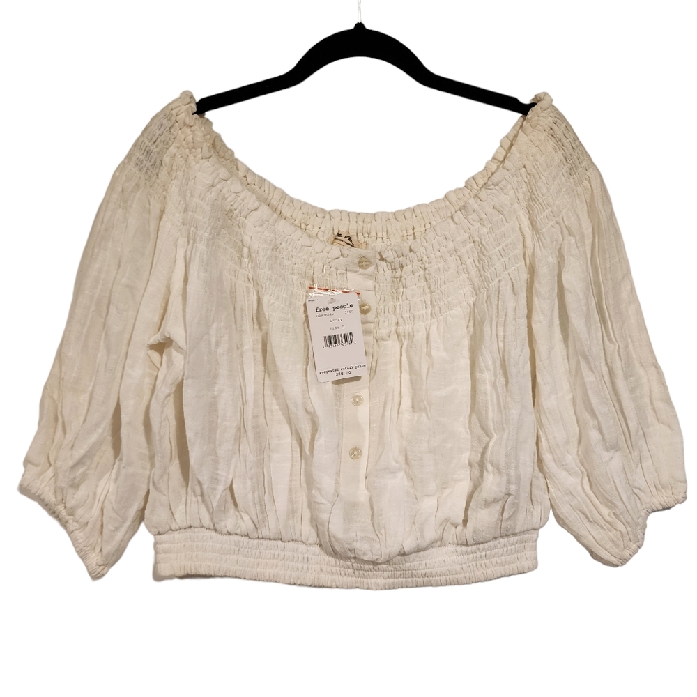 Free People NWT Dancing Till Dawn Top Off Shoulder Crop Elastic Waist Boho Top S - Picture 2 of 12